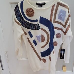 LG Diffusion White Sweater with Blue and Brown Geometric Design